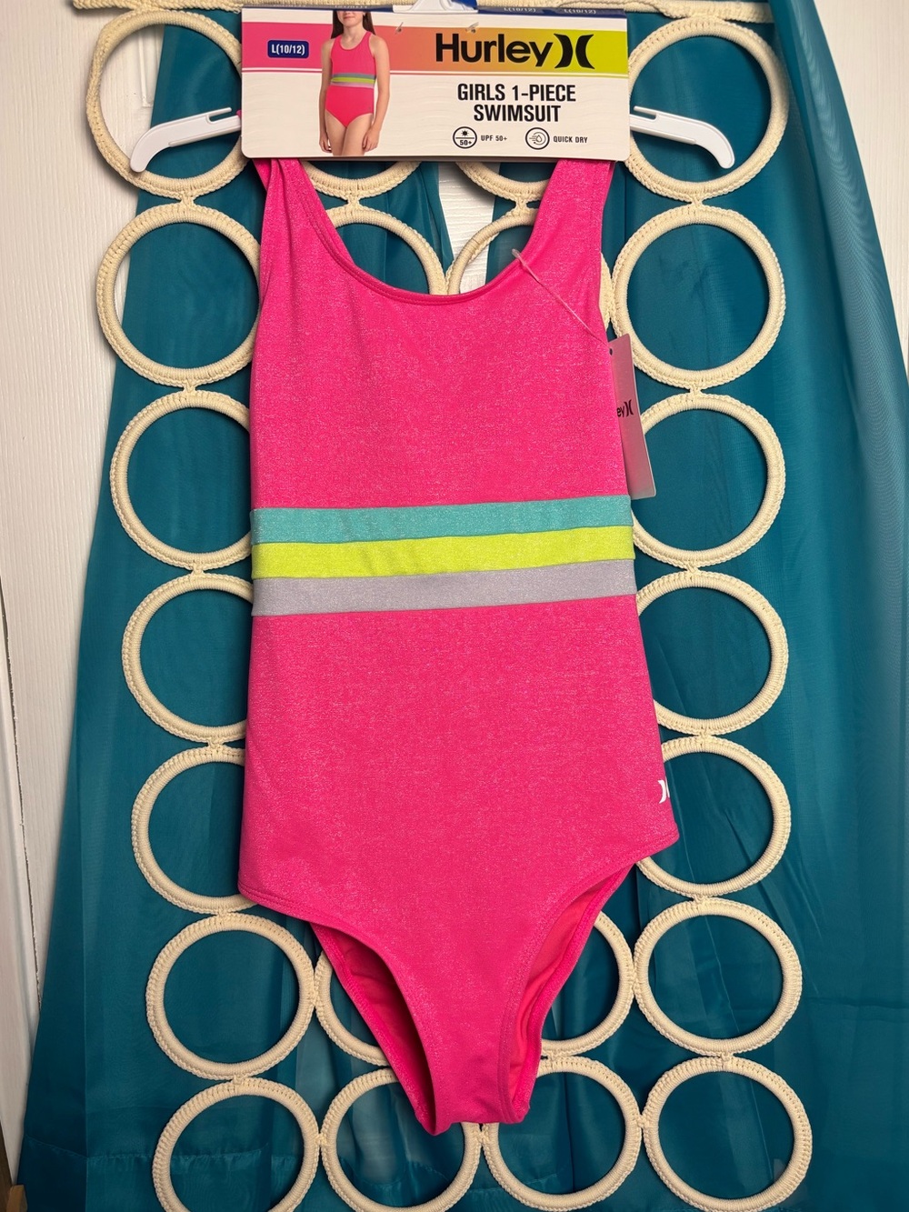 Hurley Pink Girls' One-Piece Swimsuit with Teal, Yellow & Gray Stripes Large NWT - Picture 6 of 13
